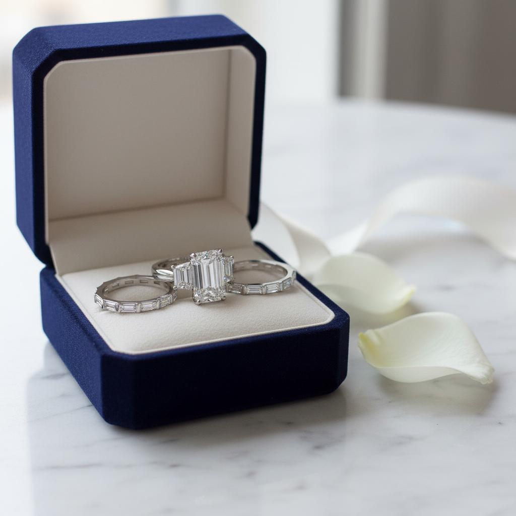 The Heritage Emerald & Baguette Bridal Stack – 18K White Gold