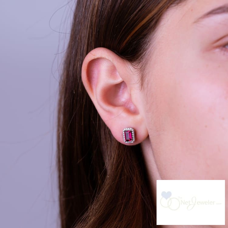 Emerald Cut Colored Stone & Diamond Halo Stud Earrings-The Net Jeweler