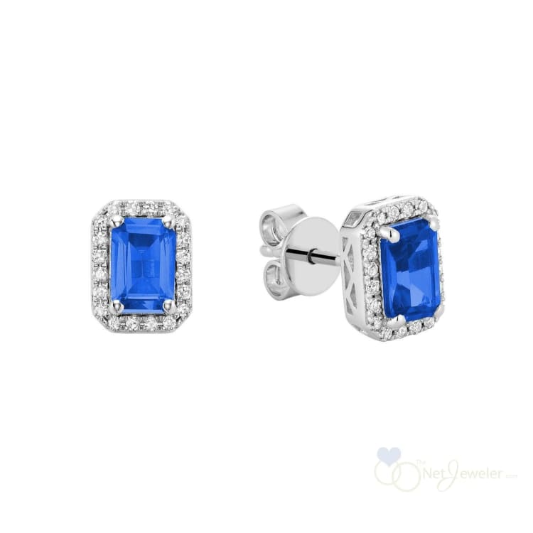 Emerald Cut Colored Stone & Diamond Halo Stud Earrings-The Net Jeweler