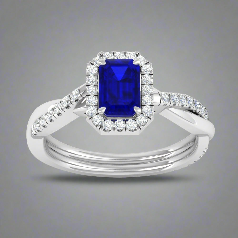 Emerald Cut Sapphire Twisted Halo Ring - Thenetjeweler