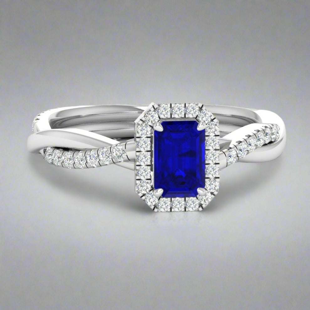 Emerald Cut Sapphire Twisted Halo Ring - Thenetjeweler