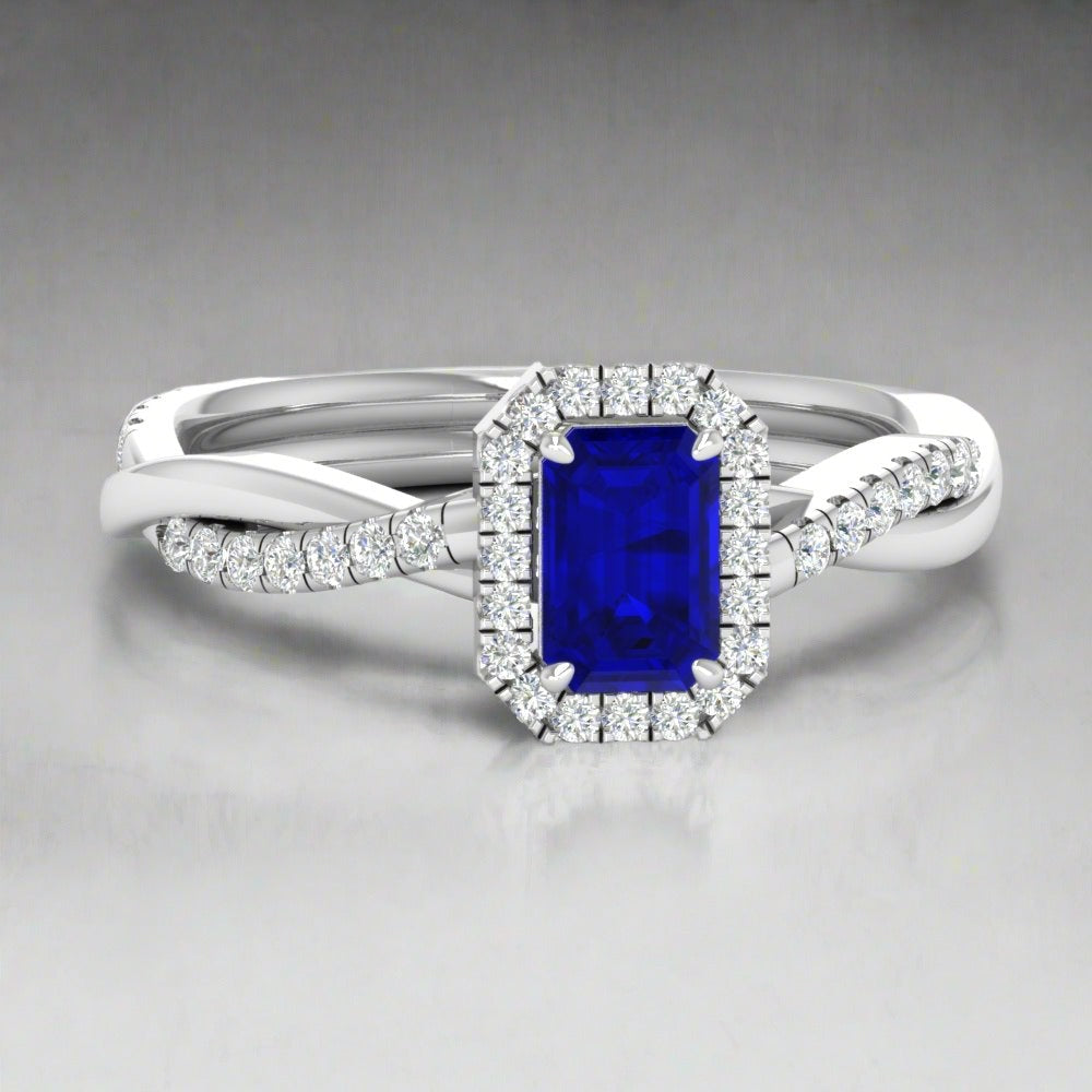 Emerald Cut Sapphire Twisted Halo Ring - Thenetjeweler
