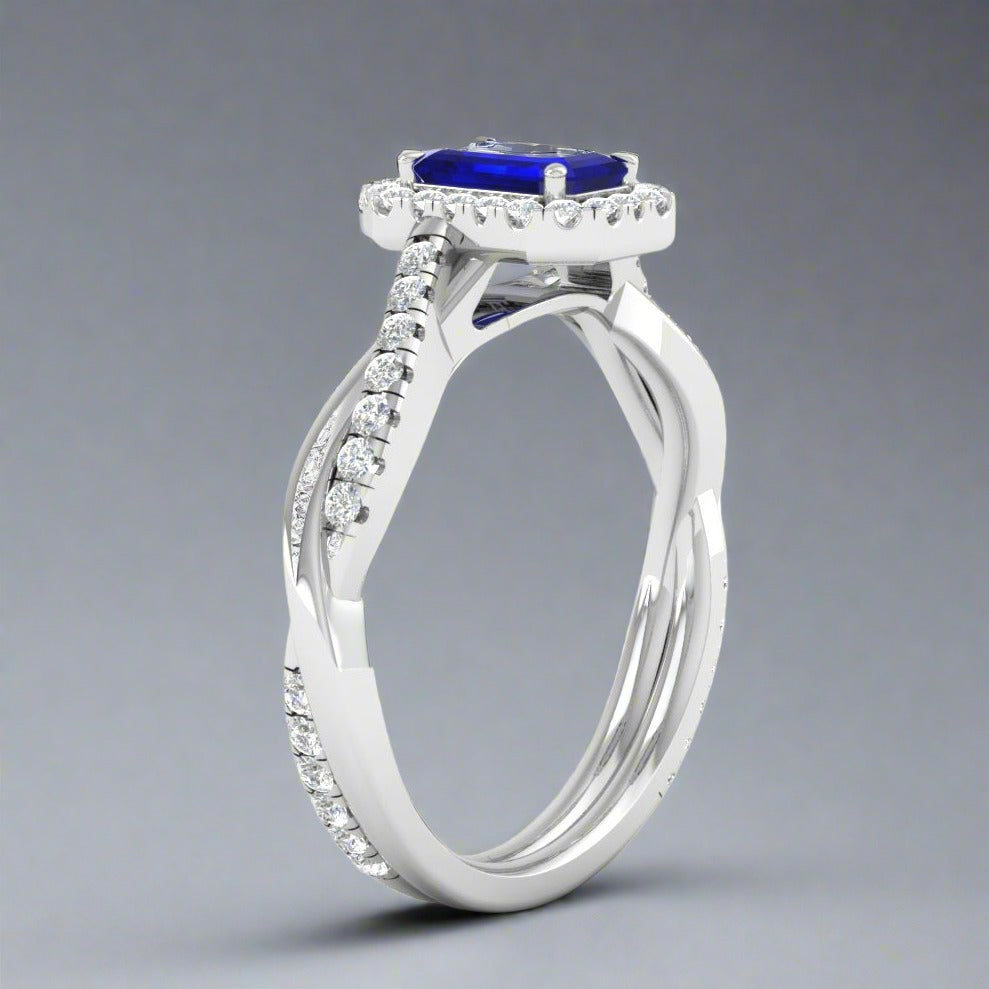 Emerald Cut Sapphire Twisted Halo Ring - Thenetjeweler