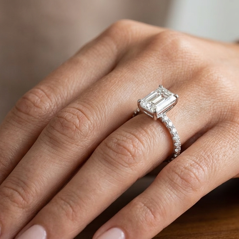 Bague de Fiançailles Diamant de Laboratoire Taille Émeraude avec Pierres Latérales Or 14K