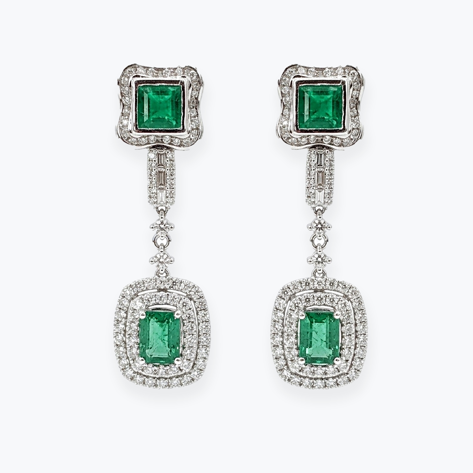 14K white gold lab emerald and diamond drop earrings with square and octagon emeralds surrounded by diamond halos