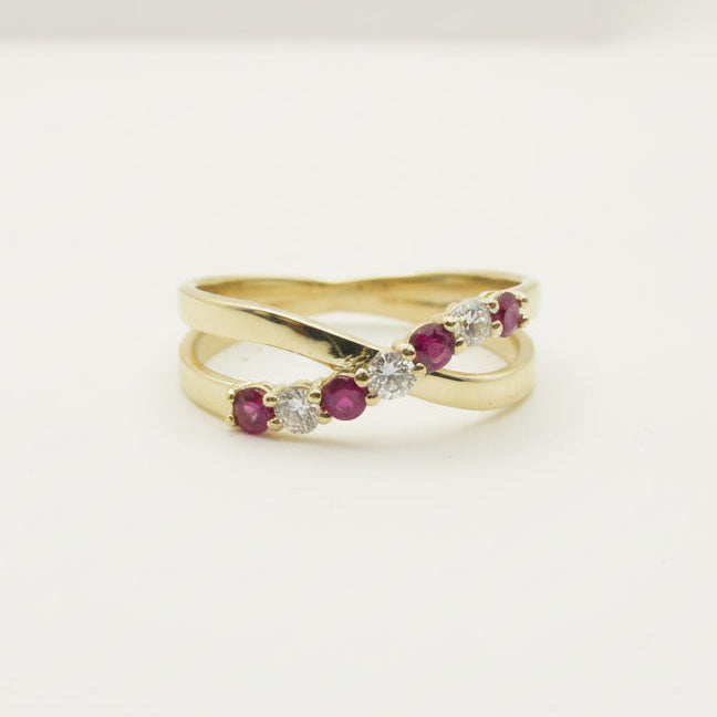 Lab Ruby and Diamond Crossover Ring in 14K Yellow Gold - alternating rubies and diamonds in crisscross design - Thenetjeweler