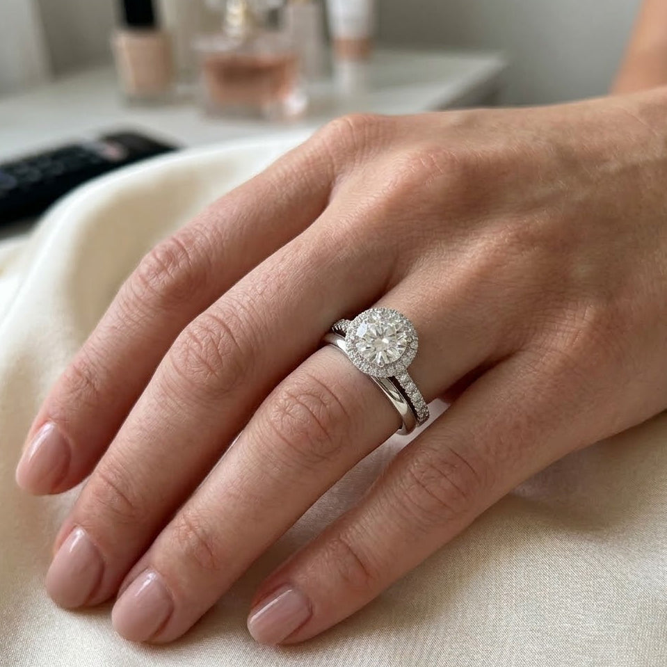 Halo Diamond Engagement Ring and Wedding Band Set in White Gold