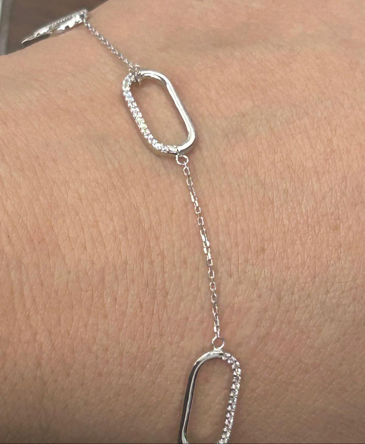 14K White Gold Hollow Paperclip Chain Bracelet with Diamonds - Thenetjeweler