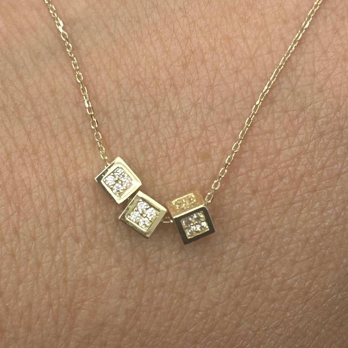 3 cubes 10k gold necklace with diamonds - Thenetjeweler