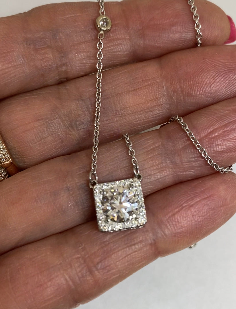 Square Halo Round Diamond with Bezel Station Necklace - TheNetJeweler