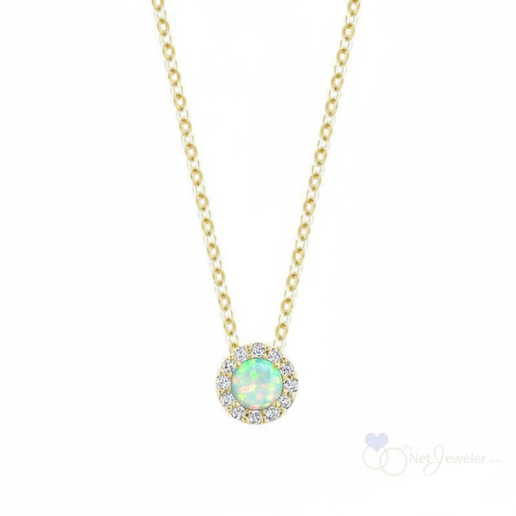 Lab Opal & Diamond Halo Pendant Necklace – 10K Gold