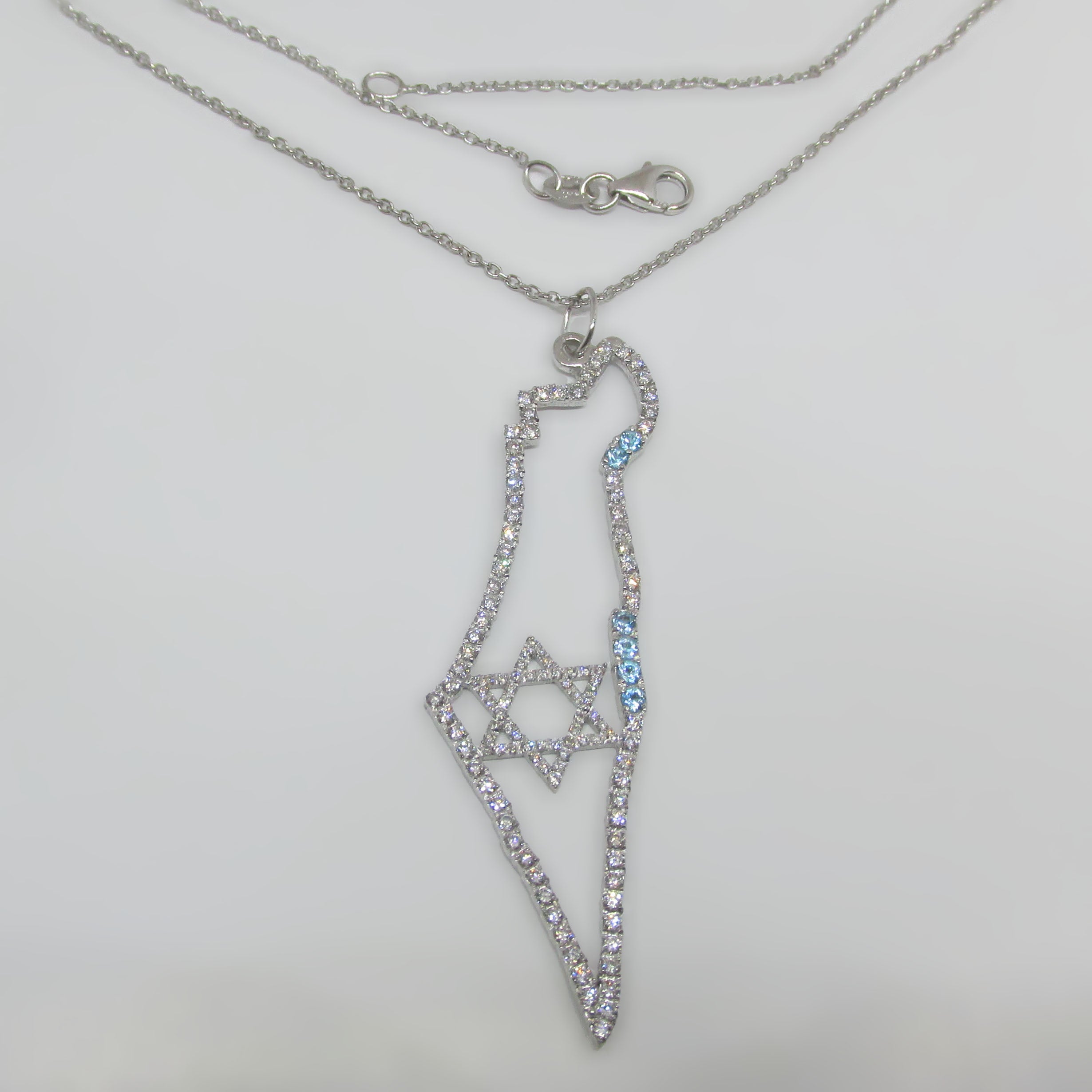 14K Gold Israel Map Diamond and Blue Topaz Necklace - Thenetjeweler