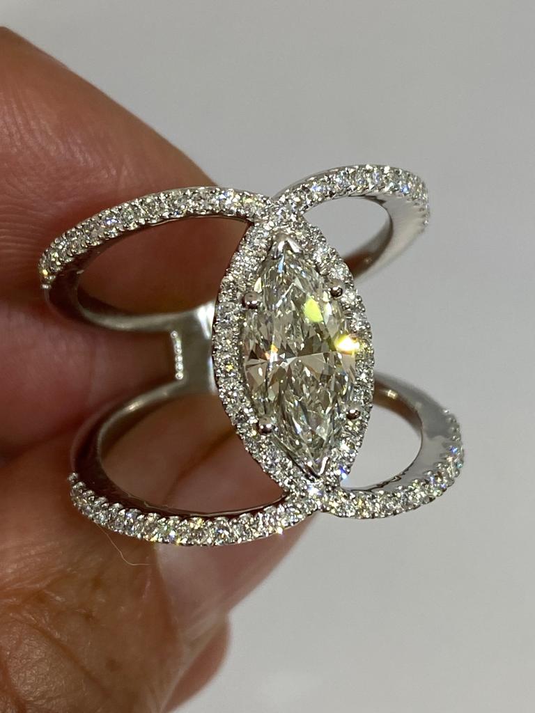 Marquise Halo Diamond Crossover Engagement Ring - Thenetjeweler