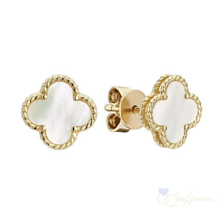 Mother of Pearl Clover Stud Earrings - Yellow Gold