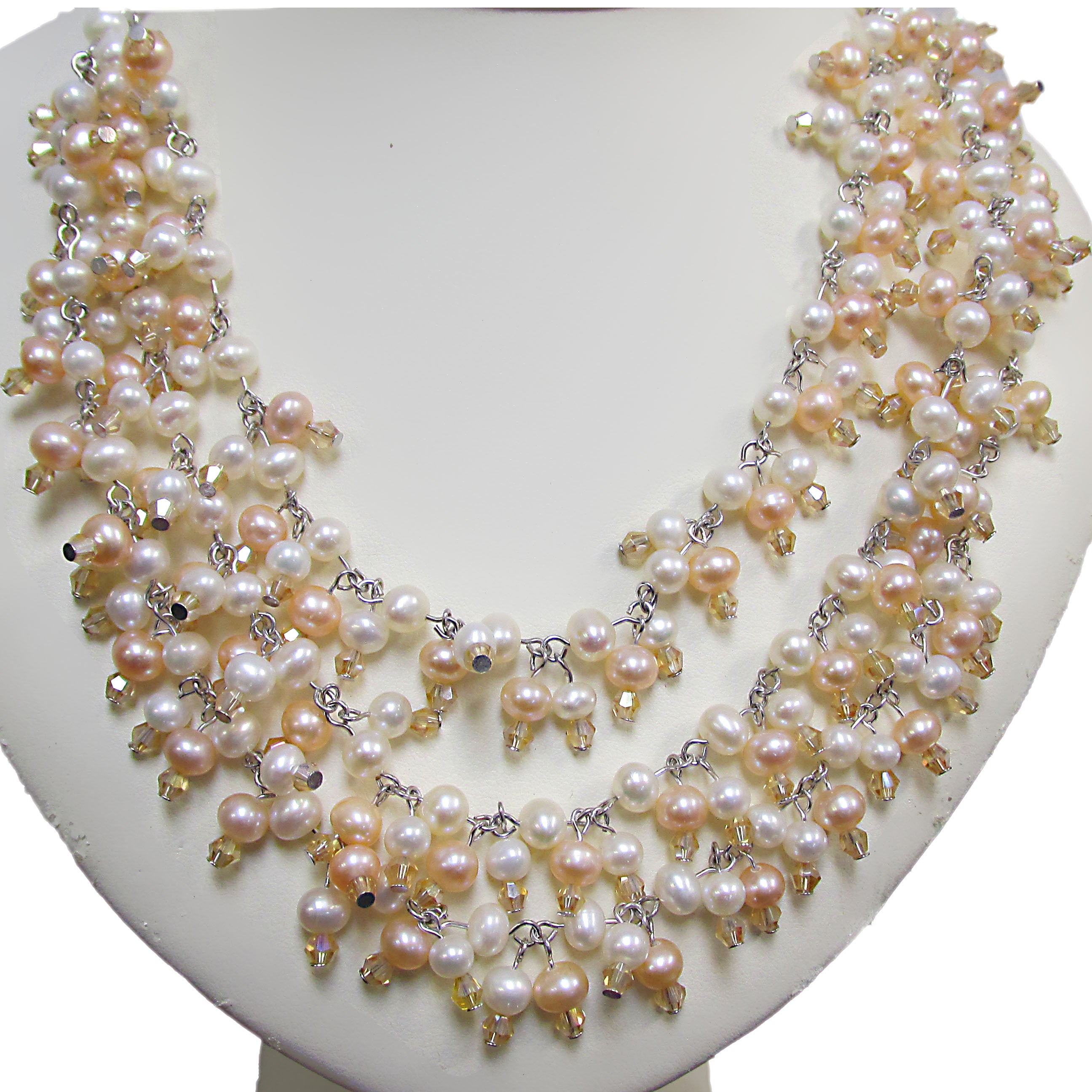 Multi-strand freshwater pearl necklace with rhinestones