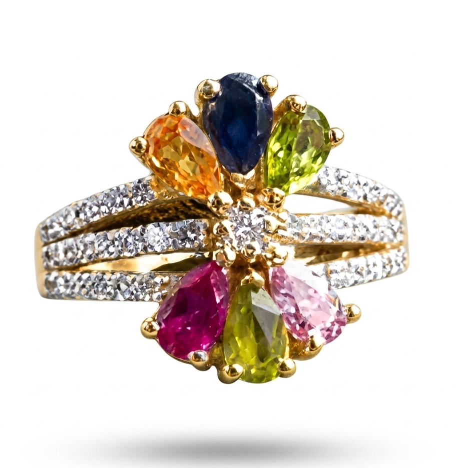 Multi Gemstone and Diamond Floral Ring 14K Gold - TheNetJeweler