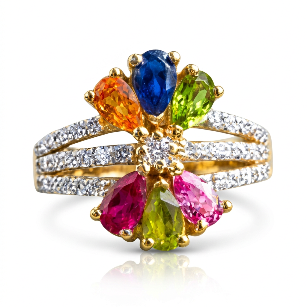 Multi Gemstone and Diamond Floral Ring 14K Gold - TheNetJeweler