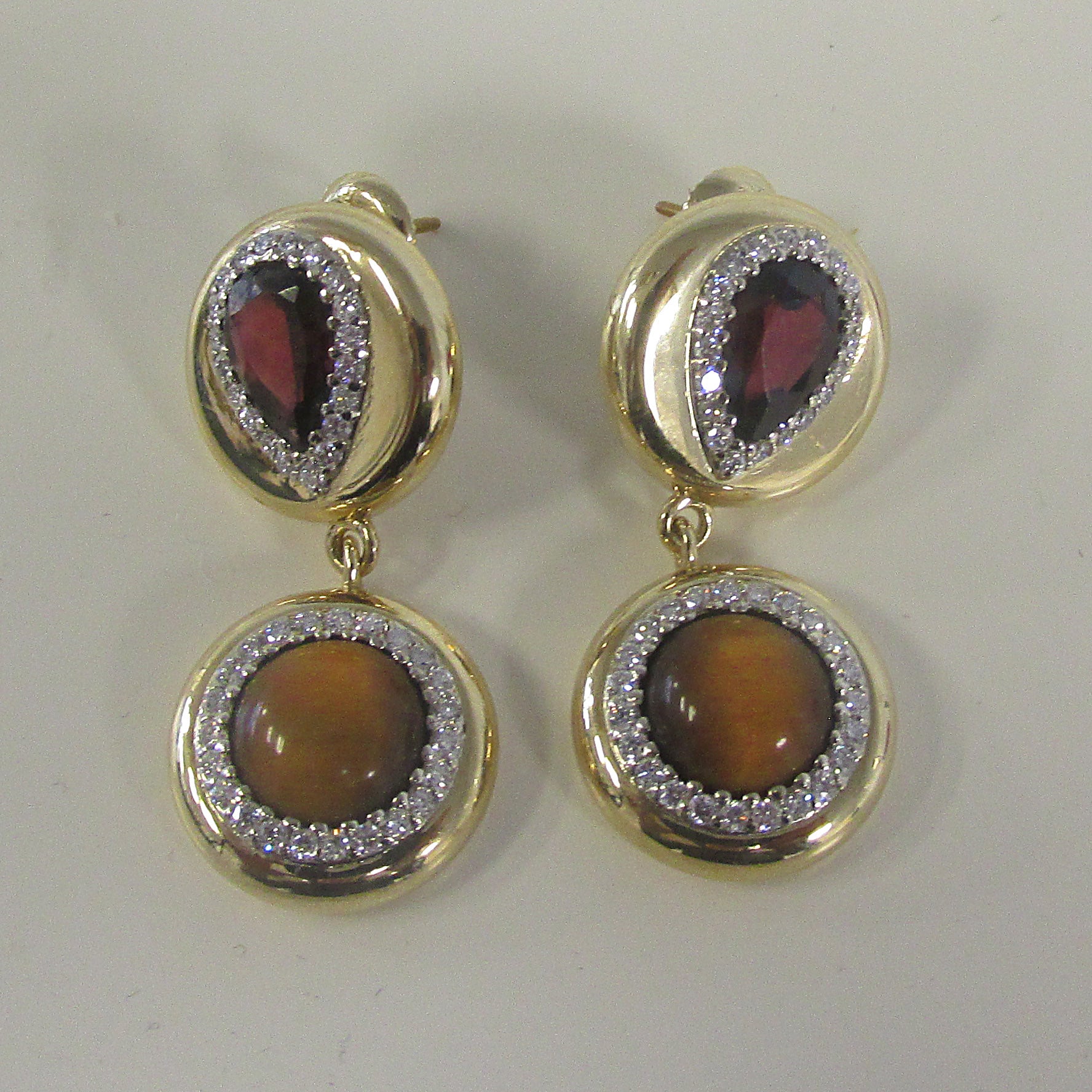 Garnet Tiger Eye Gemstone with Diamonds Drop Earrings - Thenetjeweler