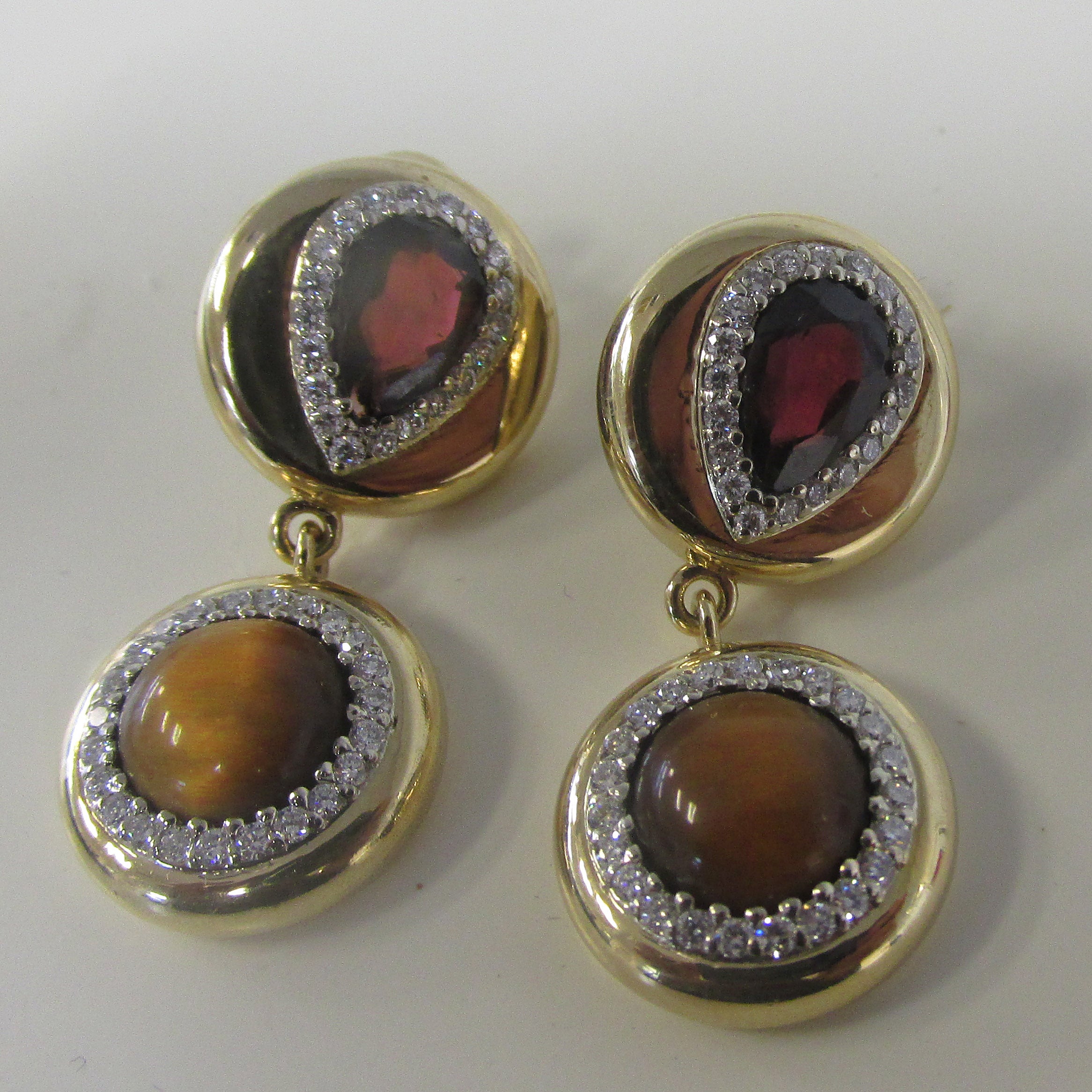 Garnet Tiger Eye Gemstone with Diamonds Drop Earrings - Thenetjeweler