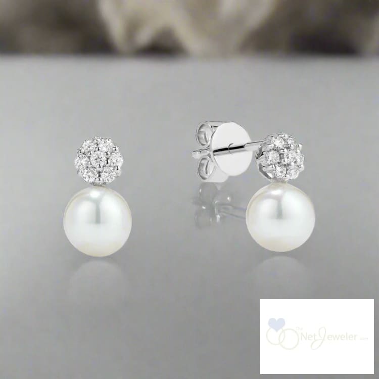 Pearl and Cluster Round Diamond Stud Earrings - Earrings