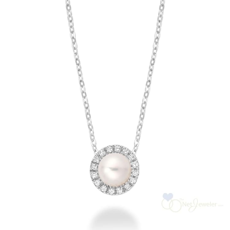 Pearl & Halo Diamond Pendant - White Gold - Pendants