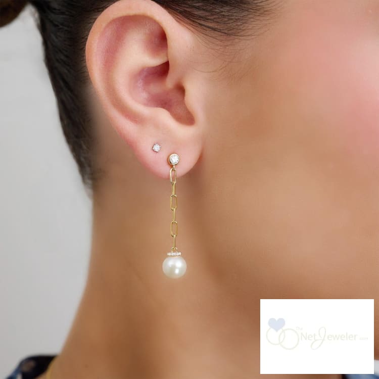 Pearl Paper Clip Diamond Dangle Earrings - Earrings