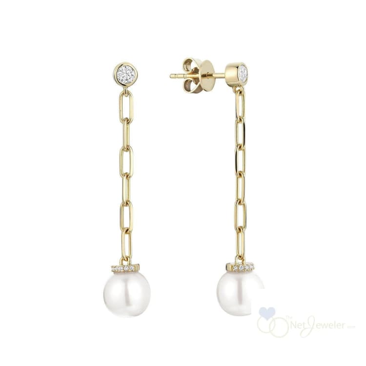 Pearl Paper Clip Diamond Dangle Earrings - Yellow Gold - Earrings