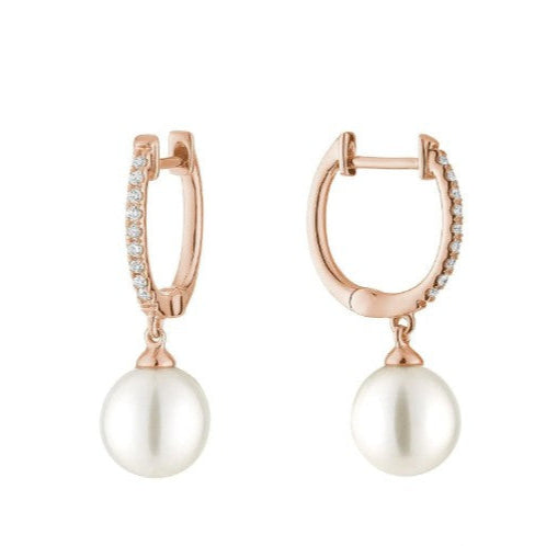 Cultured Pearl and Diamond Drop Earrings 10K Gold - Pink Gold - Diamond Earrings
