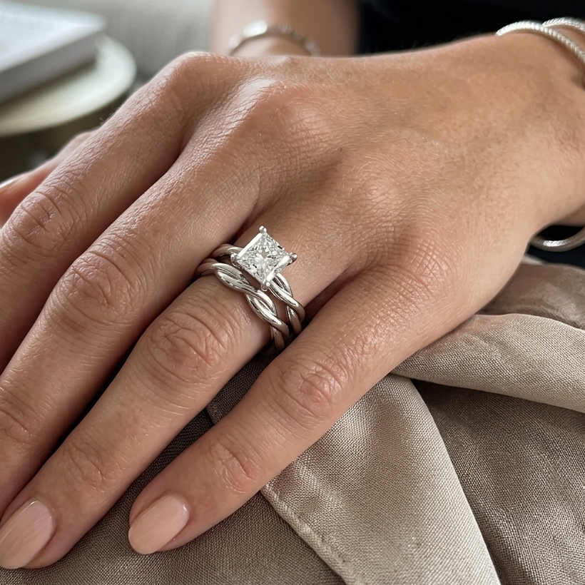 Princess Cut Twist Band Solitaire Engagement Ring Set 18K White Gold - Thenetjeweler