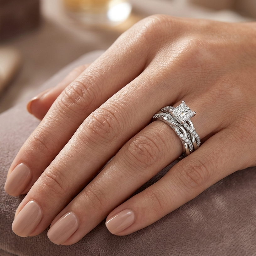 Princess Cut Twist Band Solitaire Engagement Ring Set 18K White Gold - Thenetjeweler