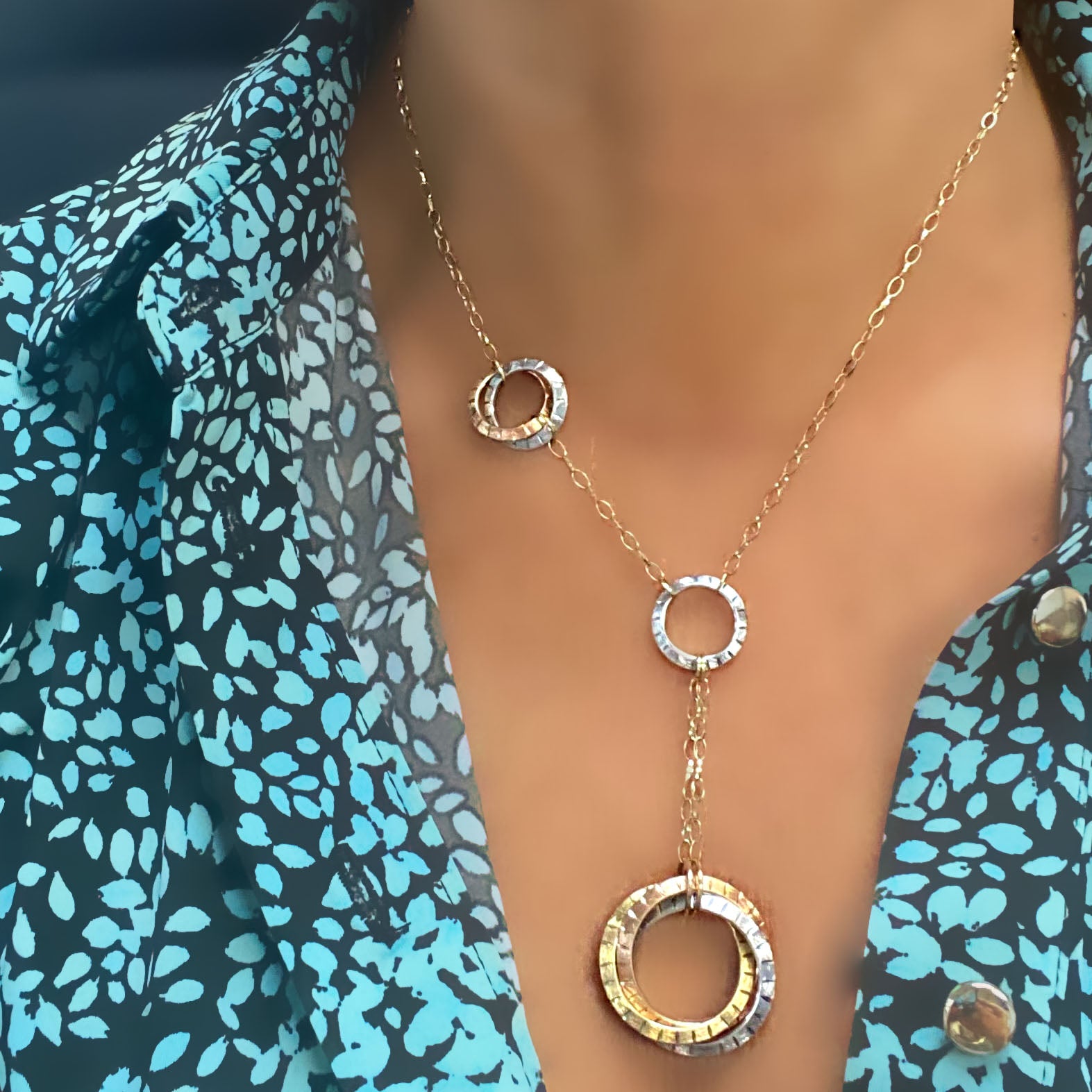 14K Multi Color Gold Interlocking Rings Necklace - Thenetjeweler