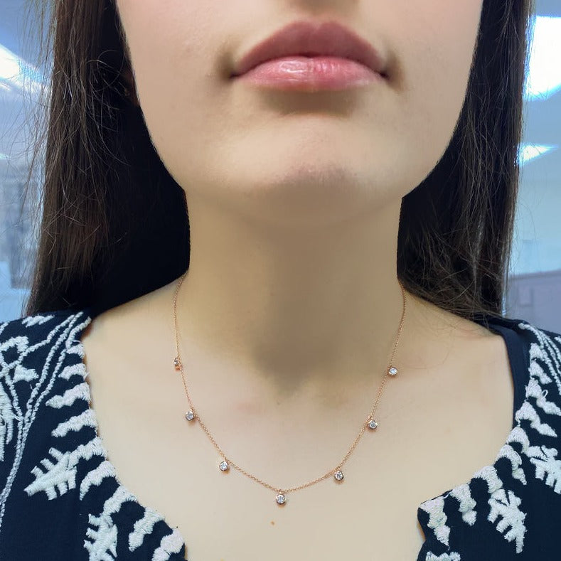 7 Hanging Diamond bezel station necklace 14K Rose Gold - Thenetjeweler