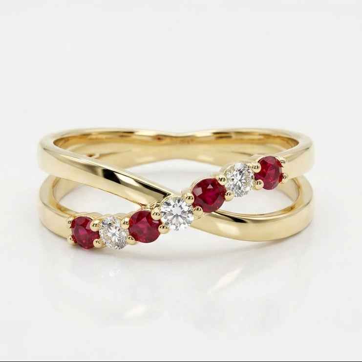 Lab Ruby and Diamond Crossover Ring in 14K Yellow Gold | 0.34 ct.tw