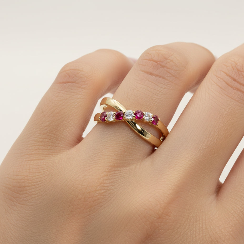 Lab Ruby and Diamond Crossover Ring 14K Yellow Gold - side profile showing low-profile crossover band - Thenetjeweler