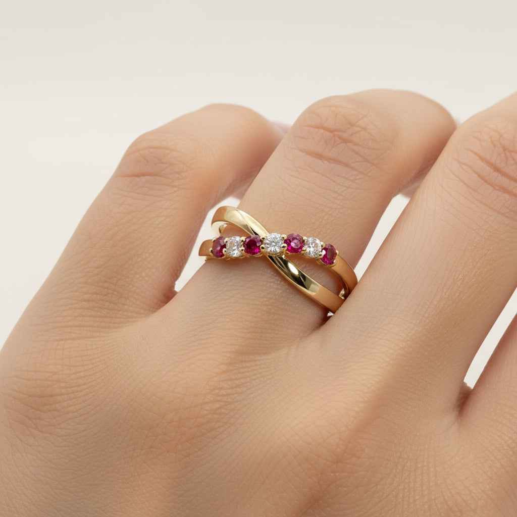 Lab Ruby and Diamond Crossover Ring in 14K Yellow Gold | 0.34 ct.tw