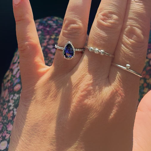 Pear Sapphire Engagement Ring Diamond Halo 14k White Gold (9x6mm) - Thenetjeweler