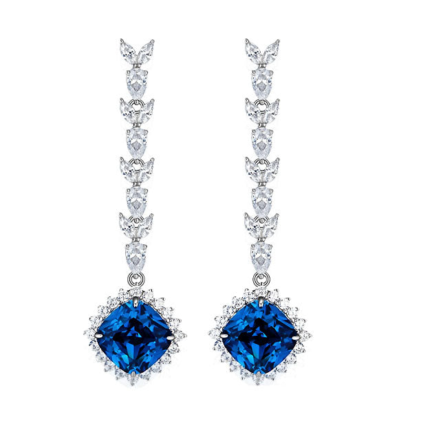 Cushion Cut Sapphire and Diamond Cluster Drop Earrings - Thenetjeweler