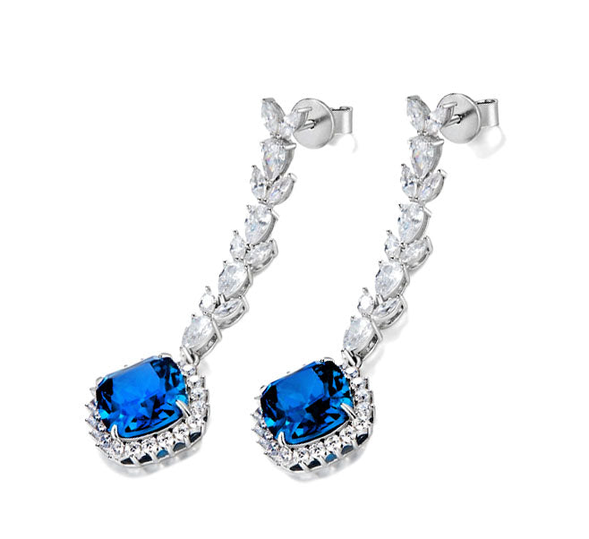 Cushion Cut Sapphire and Diamond Cluster Drop Earrings - Thenetjeweler