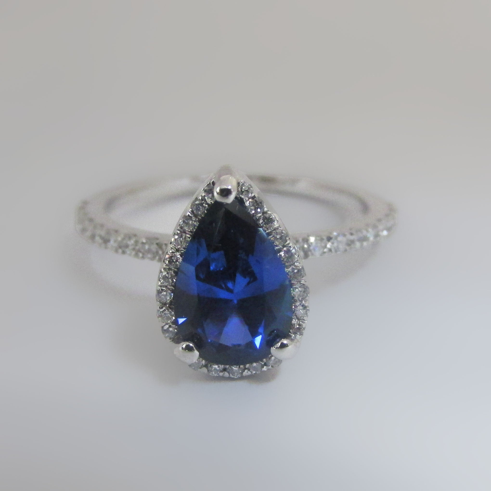 Pear Sapphire Engagement Ring Diamond Halo 14k White Gold (9x6mm) - Thenetjeweler