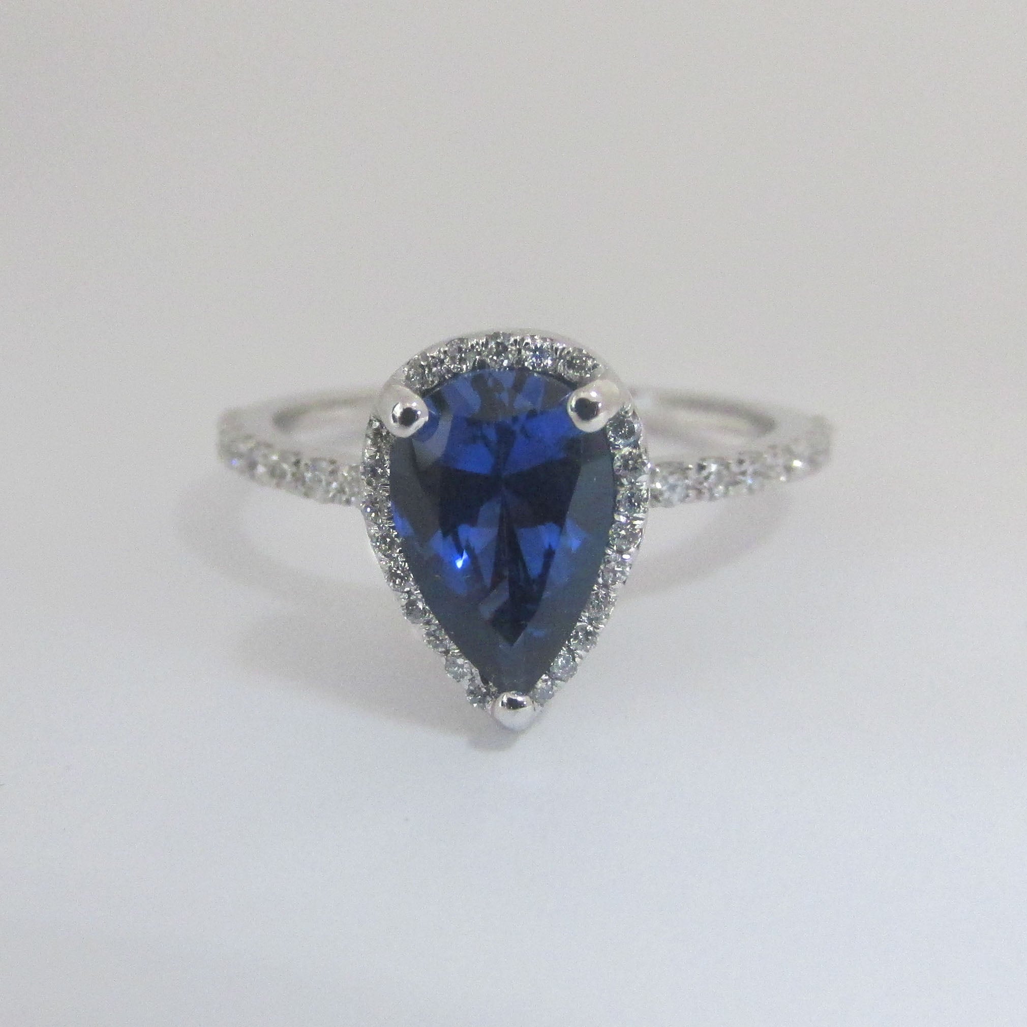 Pear Sapphire Engagement Ring Diamond Halo 14k White Gold (9x6mm) - Thenetjeweler