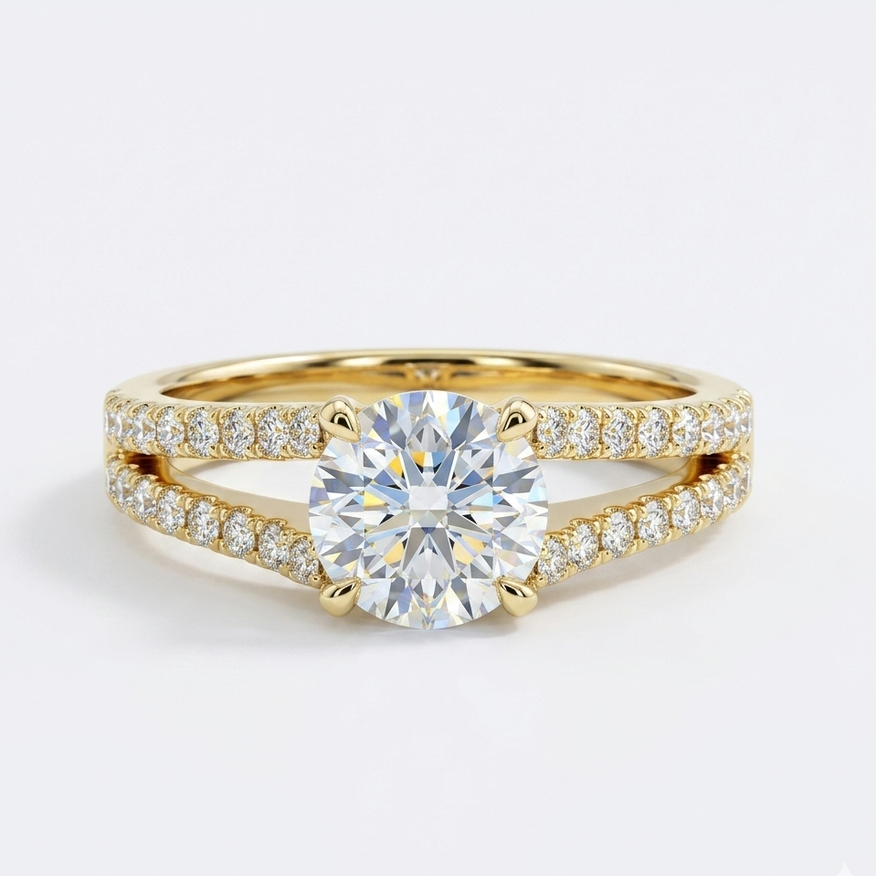 Gold ring with a large diamond and smaller diamonds on split band