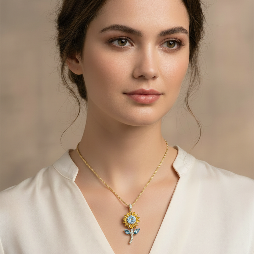 Sunflower Necklace on Model – 1.5cm