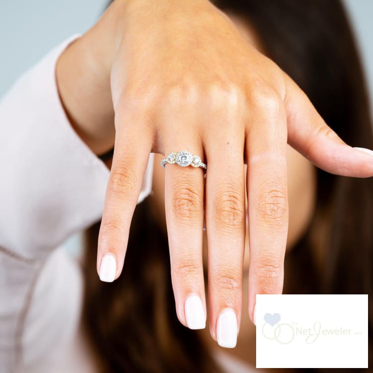 Three Stone Diamond Halo Engagement Ring-Thenetjeweler