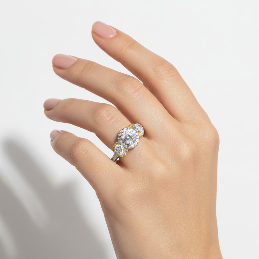 Three Stone Diamond Halo Engagement Ring-Thenetjeweler