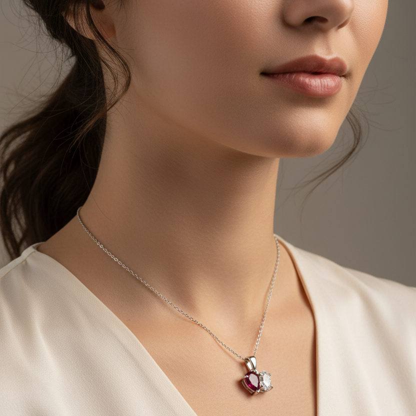 Toi et Moi Ruby and Diamond Heart Pendant in 14k White Gold