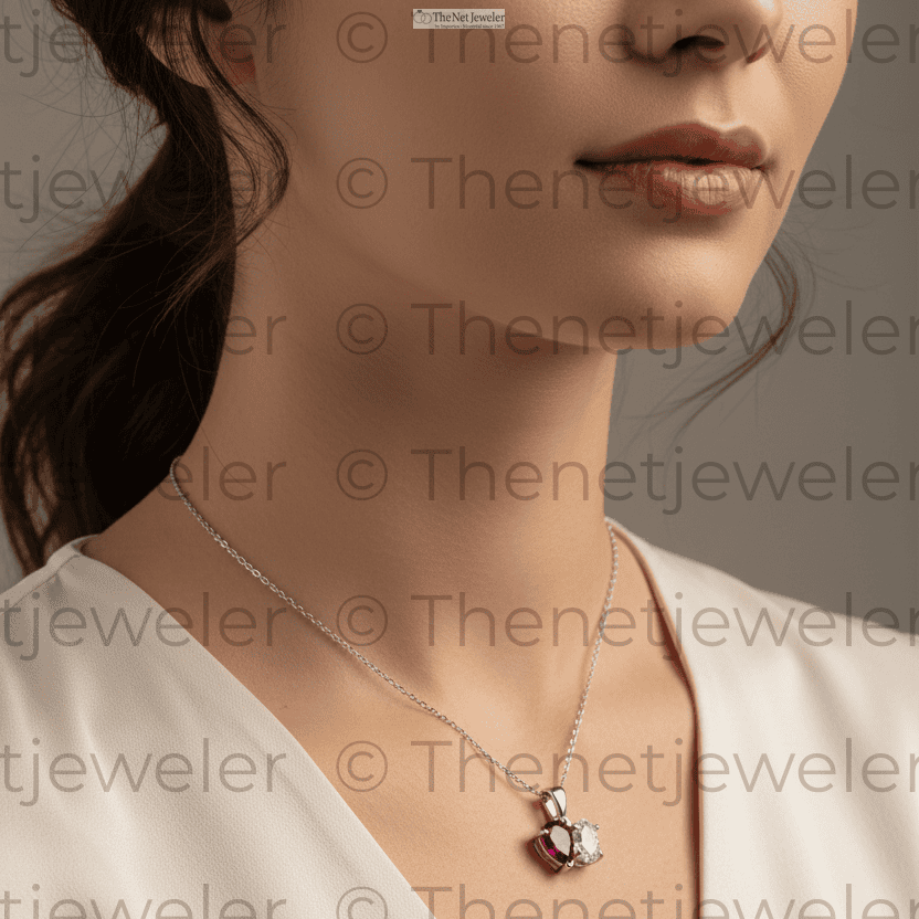 Toi et Moi Ruby and Diamond Heart Pendant in 14k White Gold