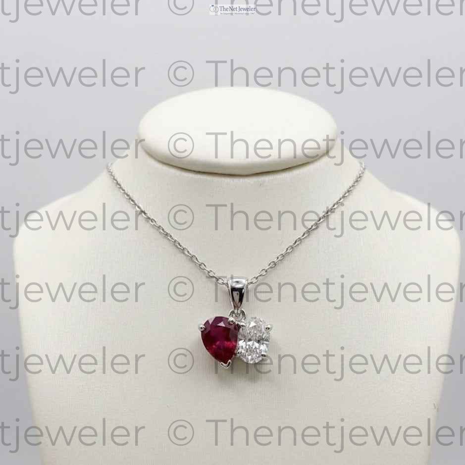 Toi et Moi Ruby and Diamond Heart Pendant in 14k White Gold