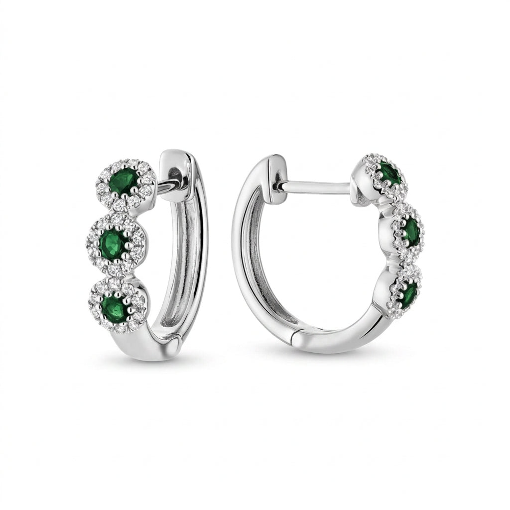 Triple Halo Gemstone & Diamond Huggie Earrings-The Net Jeweler