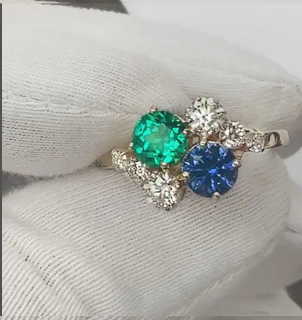 Round Emerald and Sapphire Cluster Ring - Thenetjeweler