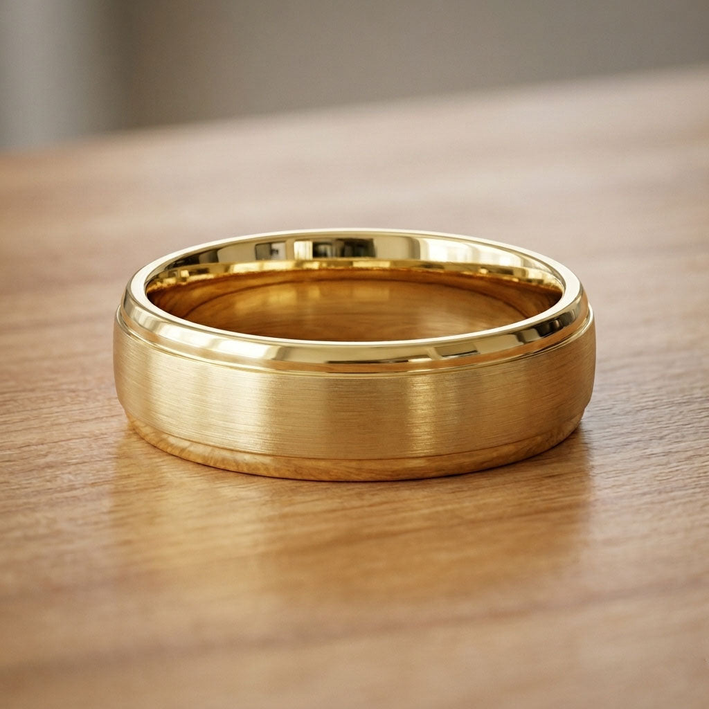 Brushed Center Beveled Edges Wedding Ring Yellow 14K Mens Band 6 mm